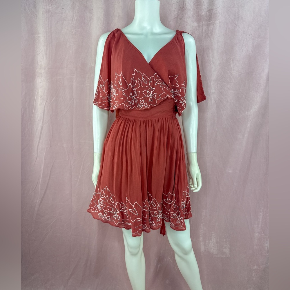 Free People  Womens Sylvia Terracotta Wrap Mini Dress Size Medium Beaded Boho